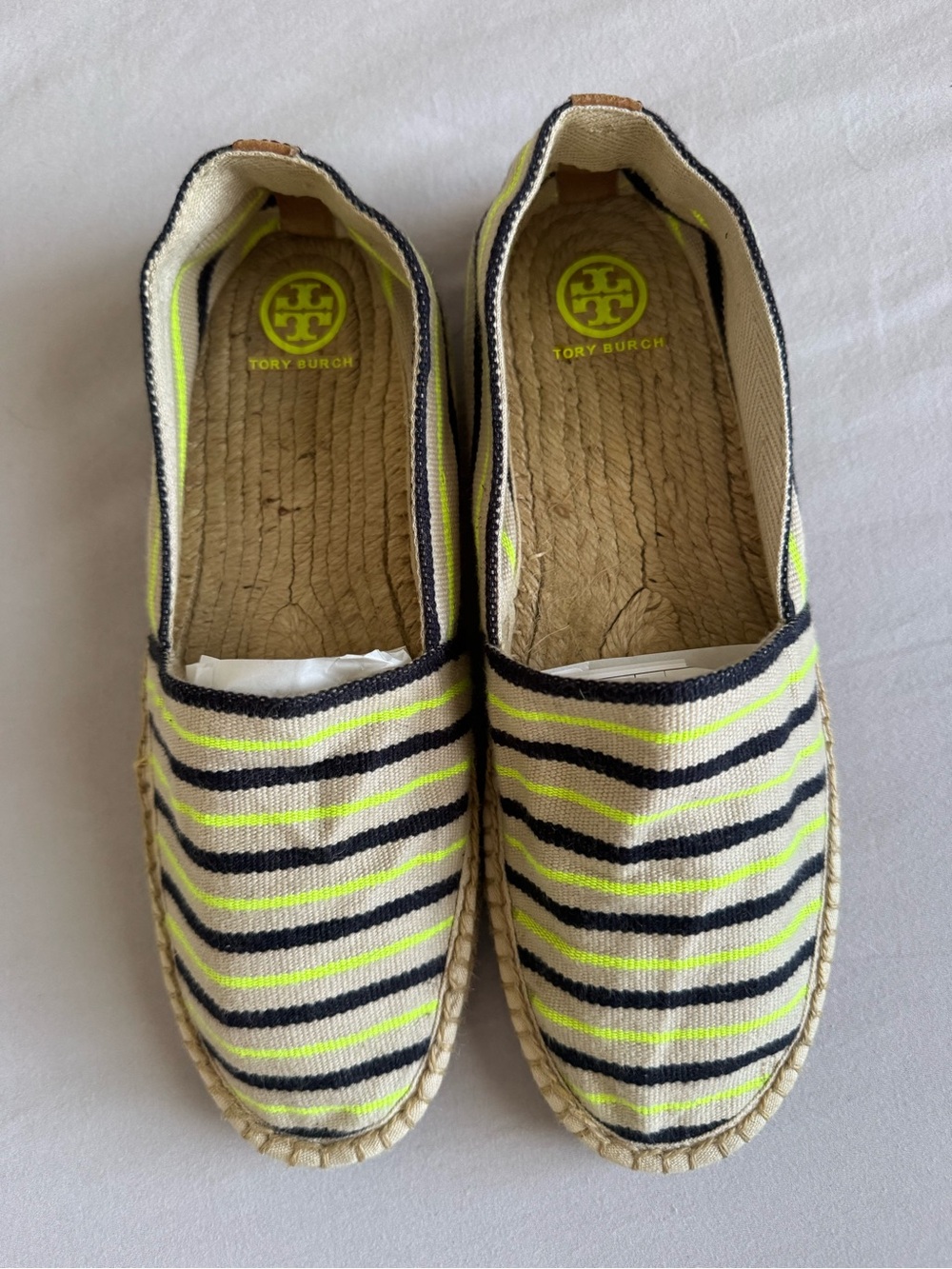 Tory Burch Neutral Canvas Espadrilles with Navy & Neon Yellow Accents